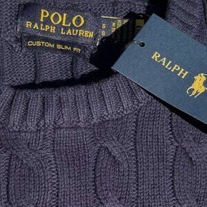 Navy Polo Ralph Lauren Cable Knit Sweater with Red Pony Size Large